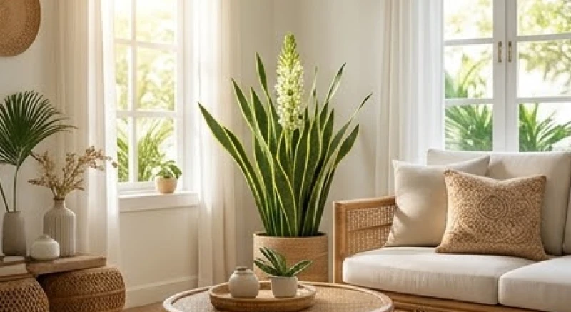Cây lưỡi hổ ra hoa là điềm gì? Ý nghĩa & hướng đặt kích tài lộc 4 Chậu cây lưỡi hổ nở hoa được bài trí tinh tế tại góc Đông Nam của không gian phòng khách sáng sủa