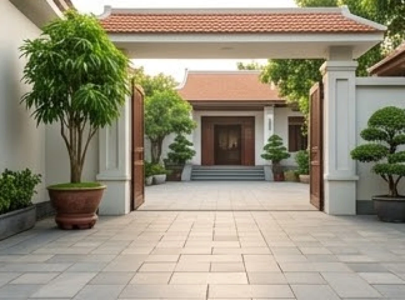 Góc sân hướng Đông Nam ngập tràn ánh nắng buổi sớm với chậu cây vươn cao tràn đầy sinh khí