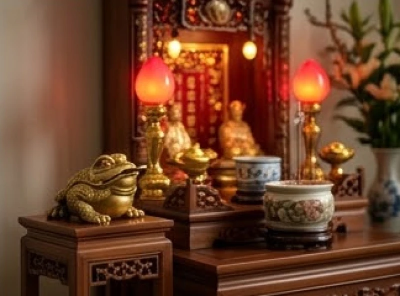 Tượng thiềm thừ đặt trên bục gỗ bên tay trái bàn thờ Thần Tài và hướng mặt vào bát hương