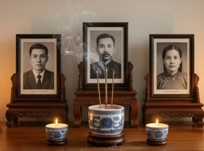Di ảnh thờ được đặt ngay ngắn phía sau bát hương trên các bục gỗ giật cấp theo nguyên lý nam tả nữ hữu