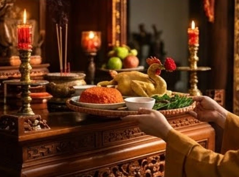 Văn khấn bán khoán con vào chùa: Sắm lễ vật và thủ tục đầy đủ 4 Hai bàn tay cẩn thận đặt mâm lễ mặn lên chiếc bàn gỗ trước án thờ Đức Chúa Ông