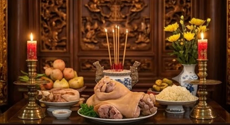 Người hành hương trang nghiêm đặt mâm lễ tươm tất lên ban thờ Trần Triều để cầu mong gia đạo an yên