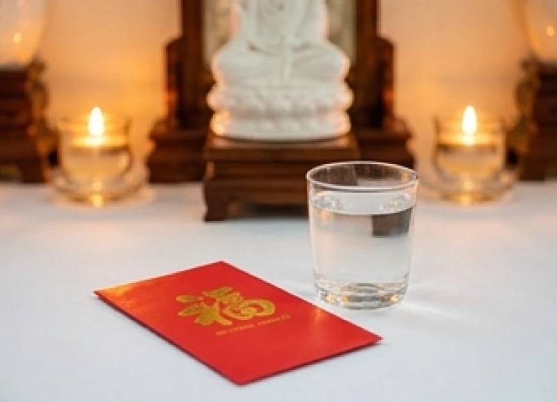 Bao lì xì đỏ chứa lộc vay từ miếu Bà được đặt ngay ngắn và trang trọng trên bệ thờ Phật Bà Quan Âm