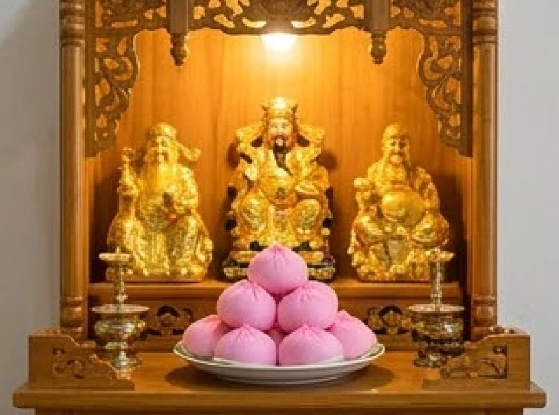 Gói oản hồng thỉnh từ chùa được đặt trang trọng bên cạnh tượng Thần Tài Thổ Địa