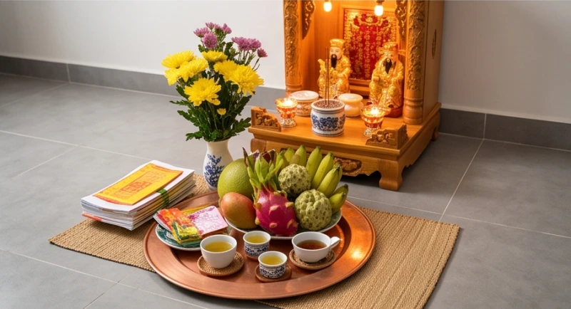 Mâm lễ vật được đặt gọn gàng trên một tấm thảm nhỏ ngay dưới nền gạch, sát mép ngoài ban thờ Thần Tài