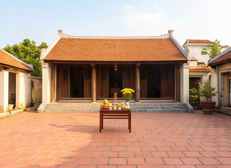 Văn khấn thần linh ngoài trời: Hướng bàn cúng và bài khấn chuẩn 4 Mâm cúng thần linh đặt ngay ngắn trên một chiếc bàn nhỏ giữa khoảng sân gạch đỏ trước nhà