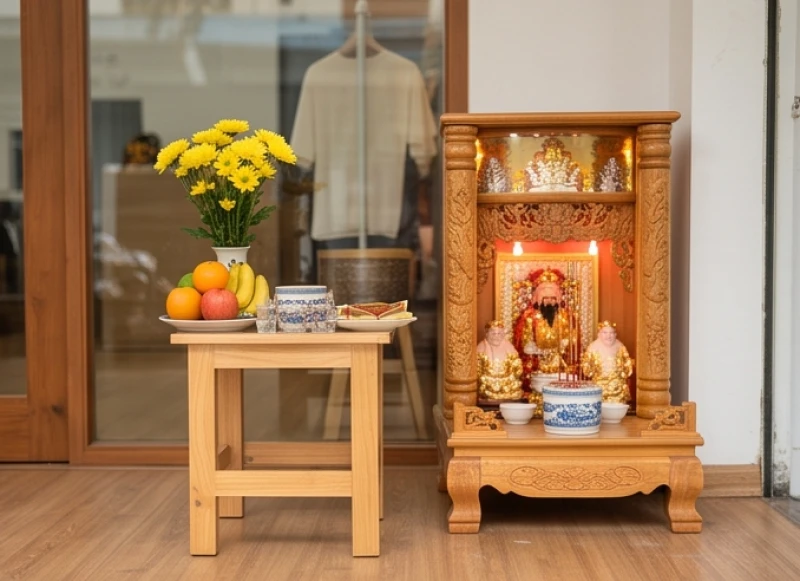 Văn khấn ngày rằm tại cửa hàng: Bài cúng Thần Tài và mâm lễ chuẩn 3 Bố trí mâm lễ cúng rằm gọn gàng trên đôn gỗ nhỏ hướng ra cửa chính tại mặt bằng hẹp