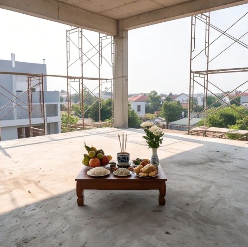 Bàn cúng thượng lương được kê vững chãi trên mặt sàn bê tông rộng rãi, cách xa mép giàn giáo an toàn