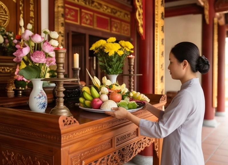 Văn khấn cầu an: Bài khấn chuẩn, cách sắm lễ và chọn ngày giờ 8 Người phụ nữ cẩn thận đặt mâm lễ chay lên ban thờ tại khu vực chính điện của chùa