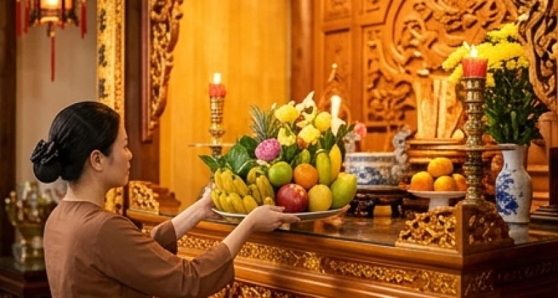 Người đi lễ kính cẩn nâng mâm quả bằng hai tay và đặt nhẹ nhàng lên vị trí trang trọng giữa ban thờ Ban Tam Bảo.
