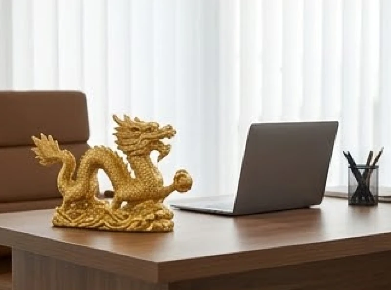Tượng rồng mạ vàng đặt trang trọng bên góc trái bàn làm việc ngay cạnh máy tính xách tay và giá đựng bút