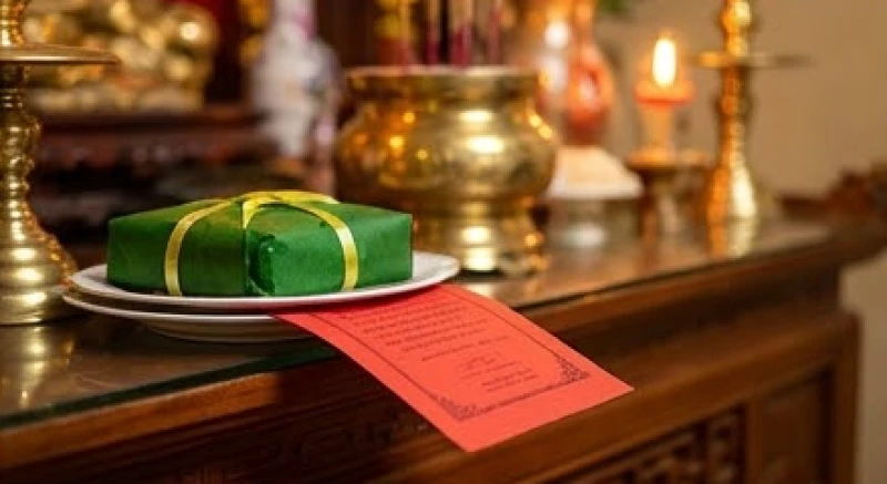 Tờ sớ điệp đỏ được đặt ngay ngắn dưới đáy oản ngọc tại ban thờ Cung Giữa
