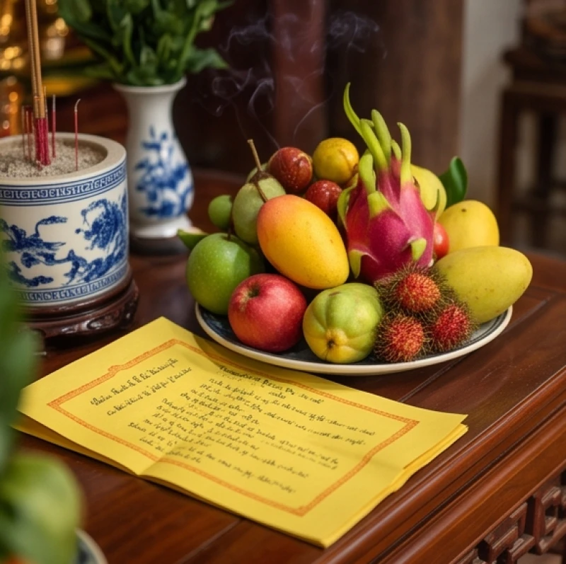 Tờ sớ điền đầy đủ tên tuổi và sở cầu được kẹp ngay ngắn dưới khay hoa quả trên ban thờ