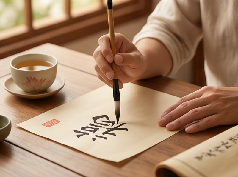 Người cha cầm bút ghi chép lựa chọn các bộ chữ Hán Nôm để đặt tên 4 chữ