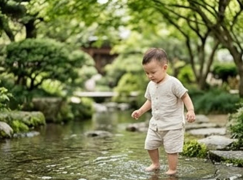 Em bé dạo chơi bên suối nước mát đại diện cho việc bổ sung hành Thủy vào mùa Hạ