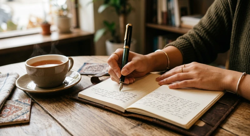 Người mẹ trẻ đang nắn nót viết những dòng chữ chọn tên cho con vào cuốn sổ tay