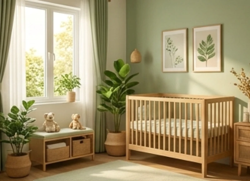 Tuổi Tuất hợp sinh con tuổi gì: Quy tắc ưu tiên ngũ hành 5 Góc nhỏ trang trí phòng em bé với nhiều cây xanh và tông màu lá cây để bẻ gãy sát khí tương khắc