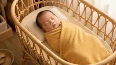 Em bé sơ sinh bụ bẫm ngủ say sưa trên chiếc nôi mây, tượng trưng cho việc đặt tên con sinh năm ất mùi 2015
