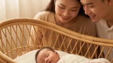 Bố mẹ Việt Nam đang mỉm cười âu yếm nhìn em bé sơ sinh để chọn đặt tên con sinh năm ất tỵ 2025 hợp phong thủy