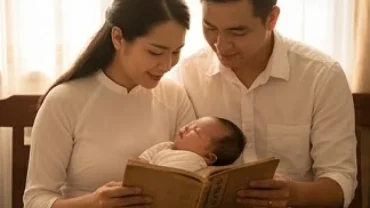 Bố mẹ đang âu yếm em bé sơ sinh, tìm hiểu cách đặt tên con sinh năm giáp ngọ 2014 hợp mệnh