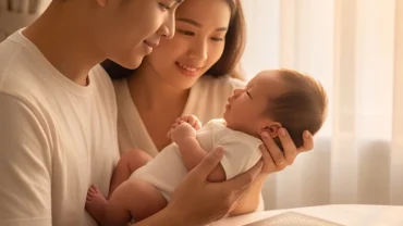 Bố mẹ đang âu yếm em bé mới sinh và suy nghĩ đặt tên con sinh năm giáp thìn 2024