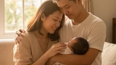 Cha mẹ Việt đang âu yếm em bé sơ sinh, tượng trưng cho việc đặt tên con sinh năm mậu tuất 2018 hợp phong thủy