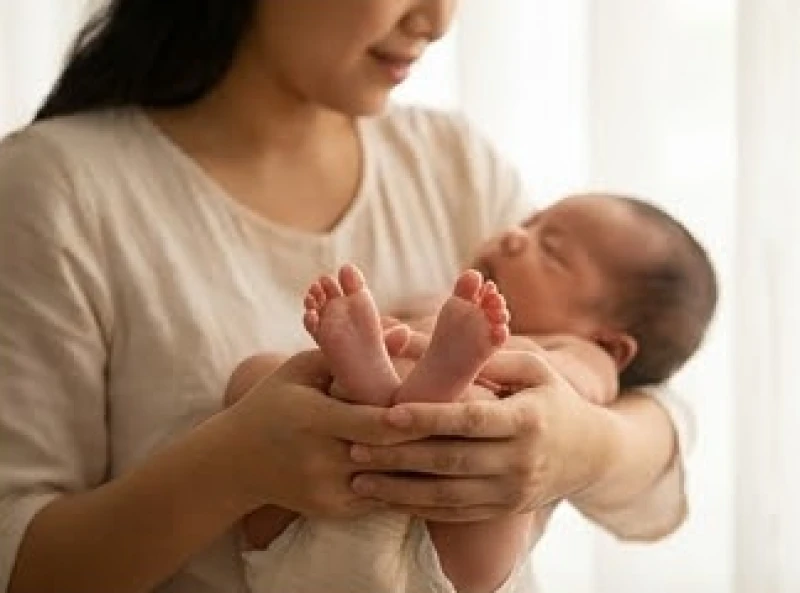 Người mẹ âu yếm chạm vào đôi chân nhỏ bé của con, thể hiện tình mẫu tử thiêng liêng và sự kết nối bền chặt