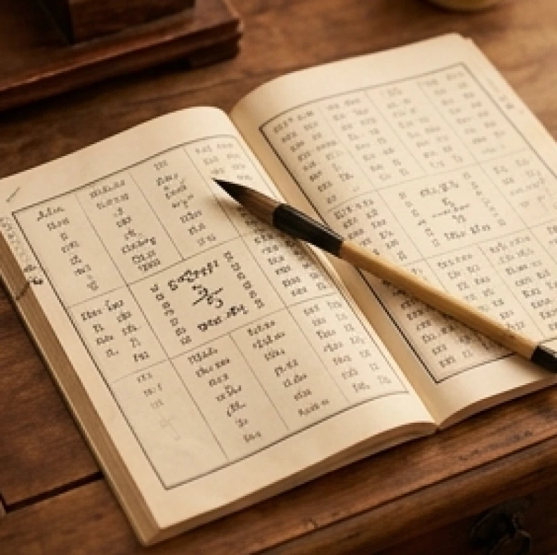 Cuốn sách tử vi và phong thủy cổ mở ra bên cạnh một cây bút lông mềm mại đặt trên mặt bàn gỗ truyền thống