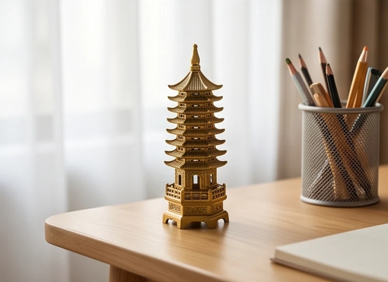 Mô hình tháp Văn Xương chín tầng được đặt ngay ngắn tại góc Tây Nam của mặt bàn để kích hoạt trí tuệ