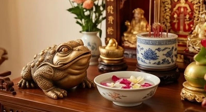 Tượng thiềm thừ được an vị trang trọng bên trái bàn thờ Thần Tài Thổ Địa cùng bát nước minh đường tụ thủy