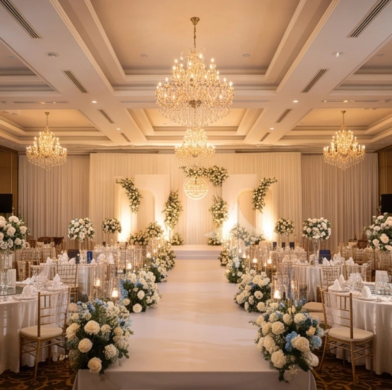 Sảnh tiệc cưới sang trọng được gia đình chốt lịch sớm nhằm tránh tình trạng kẹt hội trường sau tiết Đông Chí