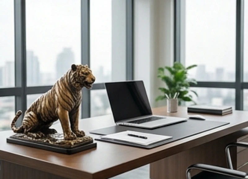Cách sắp xếp tượng hổ phong thủy đúng chuẩn bên góc trái bàn làm việc với đầu hướng ra ngoài