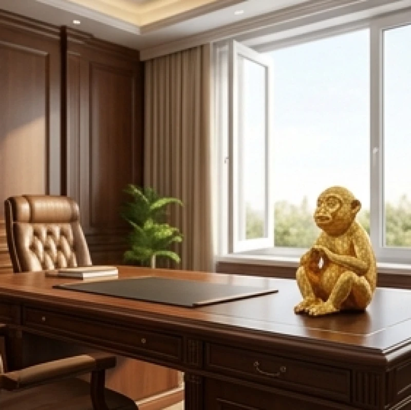 Tượng khỉ phong thủy đặt trên bàn làm việc với hướng mặt nhìn ra cửa sổ