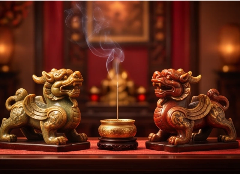 Tỳ Hưu Phong Thủy Tuổi Tuất: Bảng Màu & Cách Tẩy Uế Chuẩn 9 Cặp tỳ hưu phong thủy oai vệ được đặt trang trọng hai bên bát hương trên bàn thờ Thần Tài