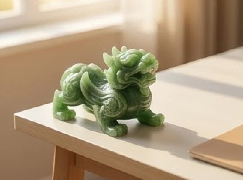 Tượng Tỳ Hưu bằng ngọc đặt nghiêng góc 45 độ bên trái bàn làm việc