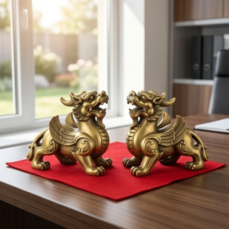 Tỳ Hưu phong thủy tuổi Ngọ: Hướng dẫn chọn đá hợp nạp âm và khai quang 12 Cặp tỳ hưu phong thủy đặt trên tấm vải nỉ màu đỏ với miệng hướng thẳng ra cửa sổ ngập nắng