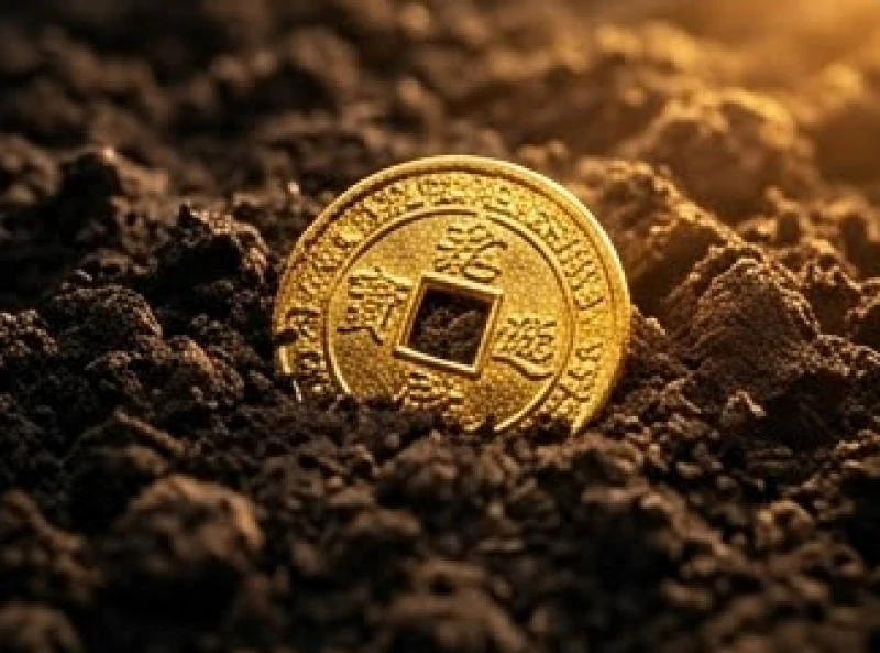 Một đồng xu cổ sáng bóng bị vùi lấp dưới lớp đất thể hiện sự hao tổn tài lộc