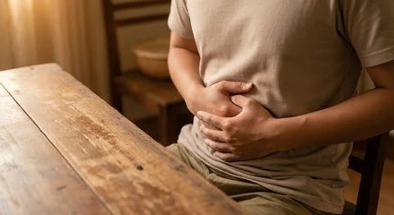 Bệnh nhân dùng tay ôm bụng với biểu hiện mệt mỏi do chứng đầy hơi và khó tiêu kéo dài