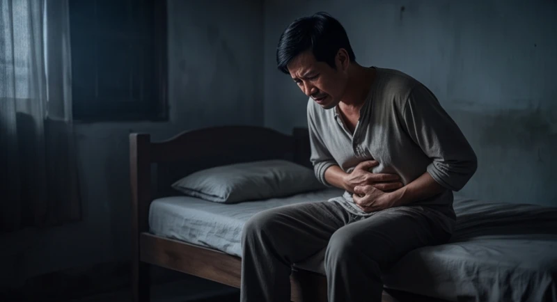Mơ thấy ăn thịt chó: Điềm báo hên xui & bảng tra số mơ 7 Người đàn ông ôm bụng nhăn nhó vì đau thắt dạ dày sau khi thức dậy từ cơn ác mộng