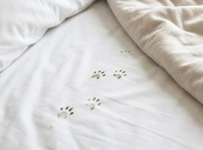 Vết chân lấm lem bùn đất do chuột bò lên để lại trên tấm ga giường màu trắng sáng