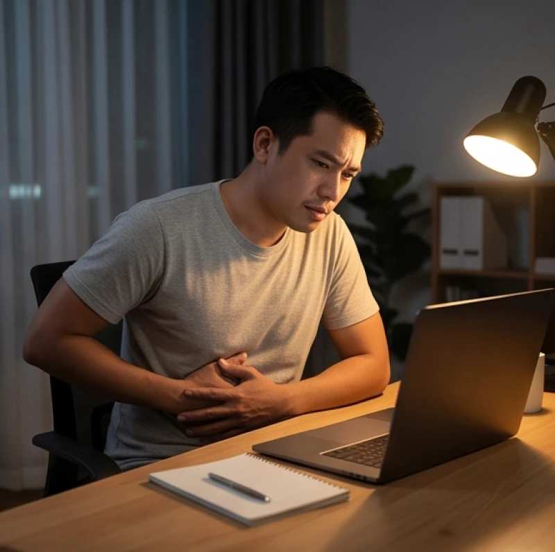 Người đàn ông mệt mỏi ôm bụng khi đang làm việc căng thẳng trước máy tính