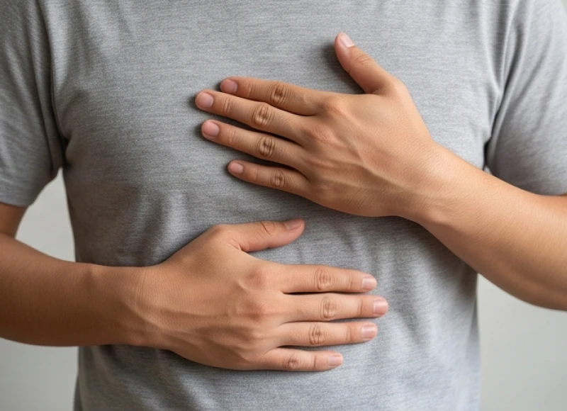 Thao tác đặt tay lên ngực và bụng trên để kiểm tra nhanh triệu chứng đau dạ dày hay bồn chồn
