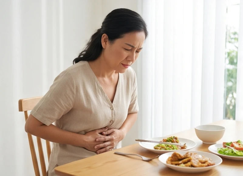 Người phụ nữ ôm bụng với vẻ mặt khó chịu do hội chứng ruột kích thích gây ra