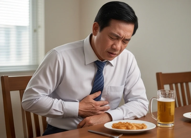 Người đàn ông ôm bụng với biểu cảm đau đớn cảnh báo nguy cơ viêm loét dạ dày hoặc tiêu hóa kém