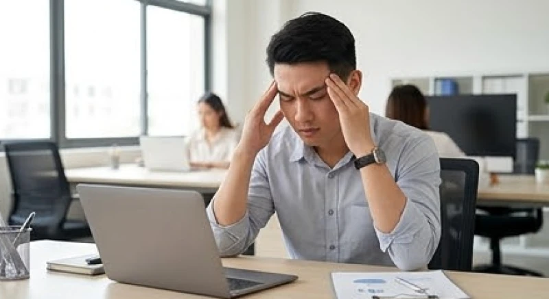 Nam giới văn phòng ôm đầu mệt mỏi tại bàn làm việc do áp lực công việc và suy nhược thần kinh kéo dài