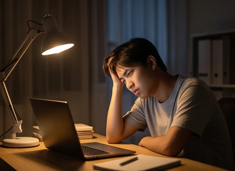 Mơ thấy giải trí: ý nghĩa điềm báo và con số may mắn 7 Người trẻ mệt mỏi ngồi trước màn hình máy tính về đêm, biểu hiện căng thẳng dẫn đến giấc mơ giải trí do áp lực