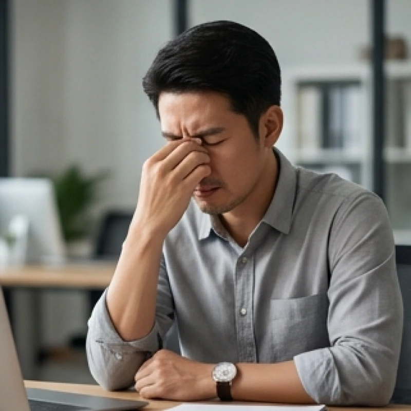 Nhảy mũi ở nam là điềm gì: Giải mã chi tiết theo số lần và khung giờ 4 Người đàn ông mệt mỏi dùng tay xoa sống mũi khi bị sổ mũi và cảm lạnh liên tục tại nơi làm việc