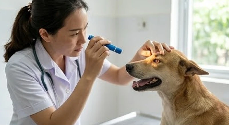 Chó ăn con là điềm gì: Giải mã tâm linh & cách xử lý an toàn 4 Bác sĩ thú y đang cẩn thận kiểm tra phản xạ mắt của một chú chó mẹ để loại trừ nguy cơ mắc bệnh dại