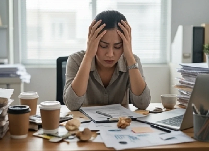 Mơ thấy nhà bừa bộn: Giải mã điềm báo tâm lý và số lộc 3 Người phụ nữ mệt mỏi ôm đầu bế tắc giữa một không gian làm việc lộn xộn và thiếu tổ chức