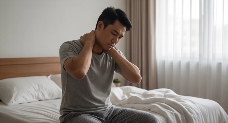 Mơ thấy người đã chết lại chết: Điềm báo và cách hóa giải lo âu 3 Người đàn ông xoa bóp vùng cổ vai gáy do mệt mỏi sau khi thức giấc giữa đêm